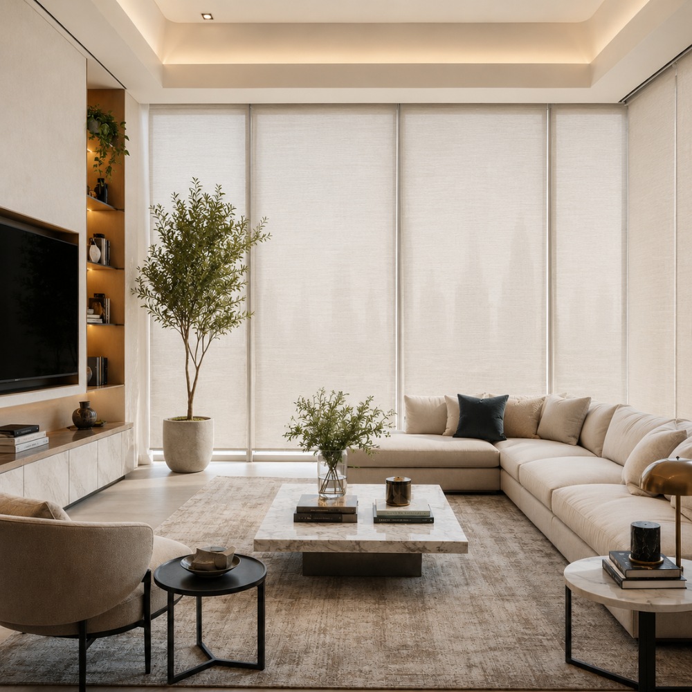 living during the day with blinds closed