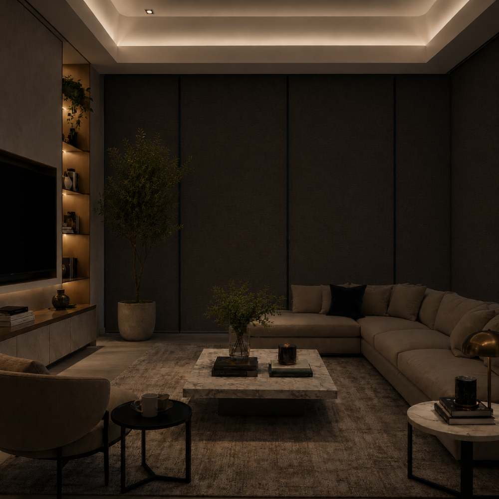 living at night with blinds closed