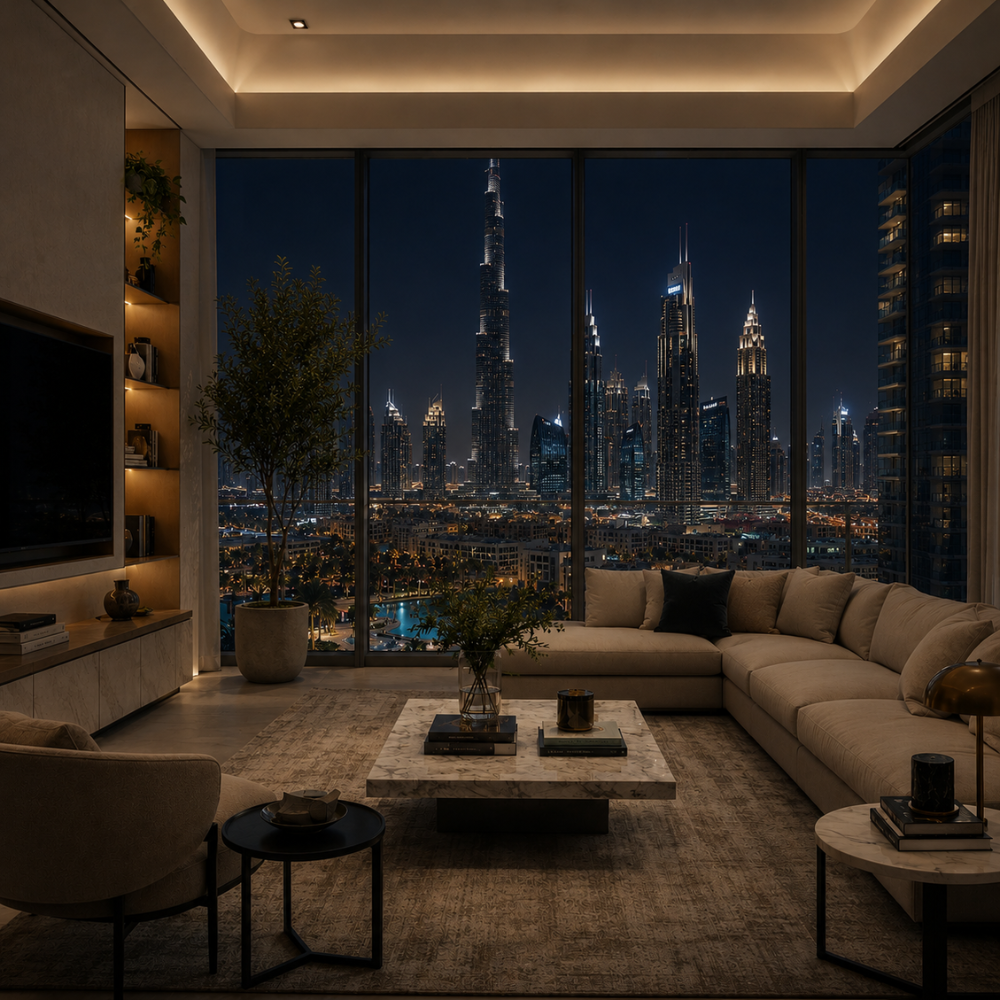 living at night with blinds open