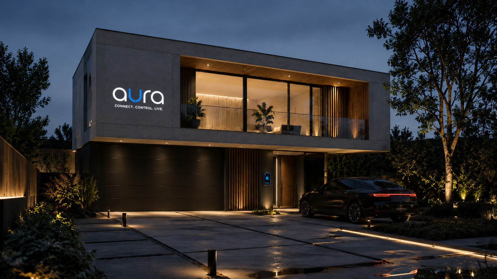 Luxury smart villa scene at night